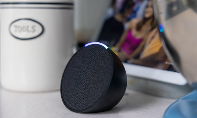 The Amazon Echo Pop on a desk.