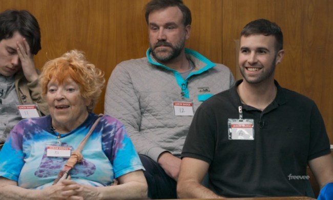 People sit in a jury box in Jury Duty.