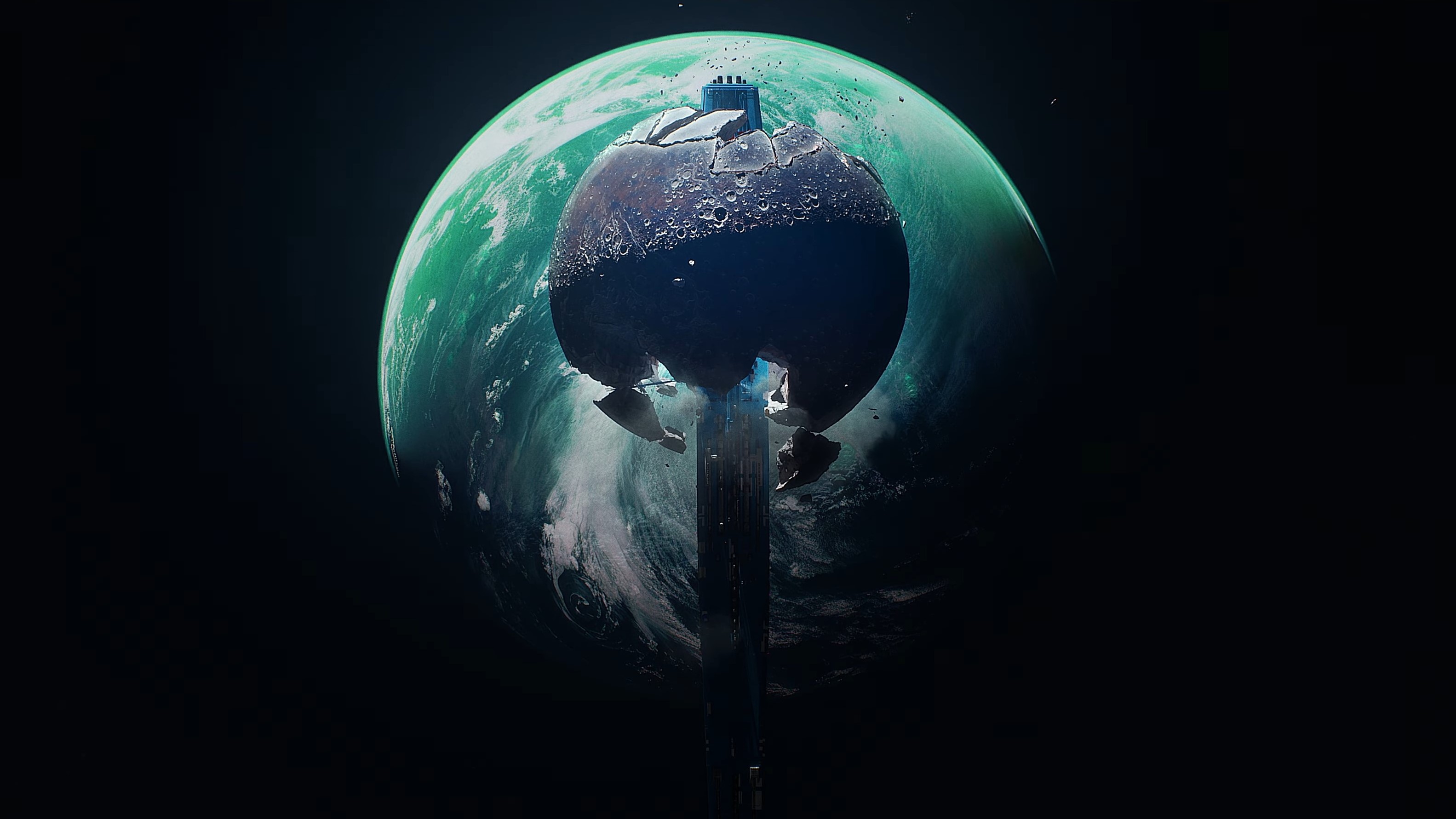 A damaged moon with a planet in the background in the Marathon trailer.