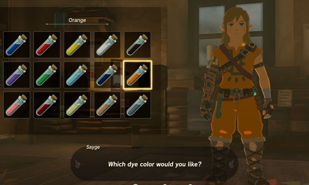 Choosing dye colors menu in Tears of the Kingdom.