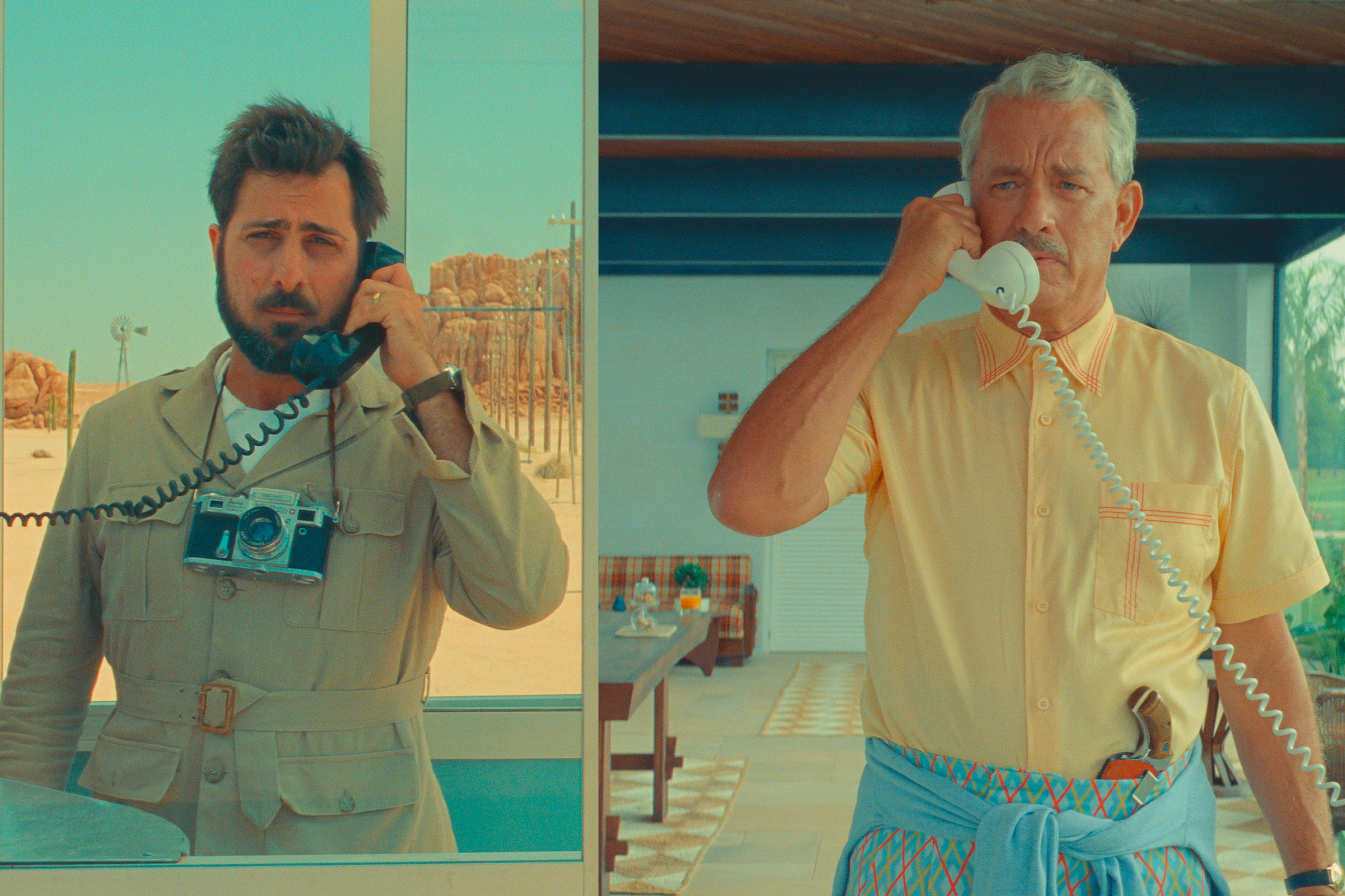 Jason Schwartzman dan Tom Hanks bercakap di telefon di Asteroid City.