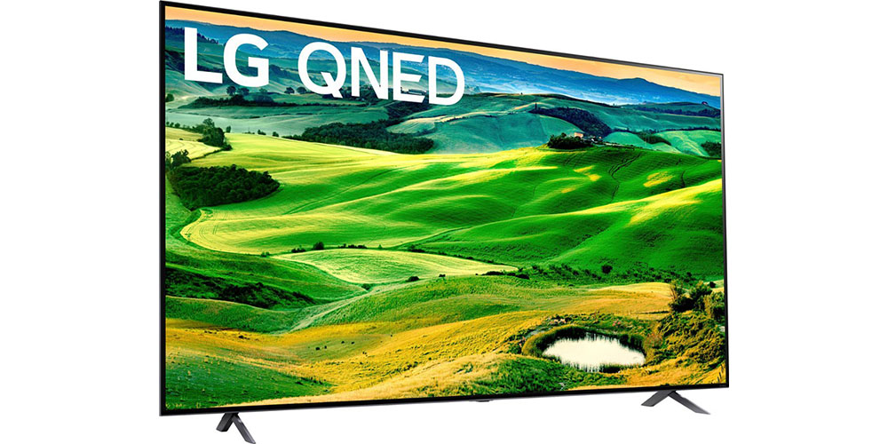 The LG 86-inch 80 Series QNED 4K TV at a side angle displaying an attractive hillside scene.