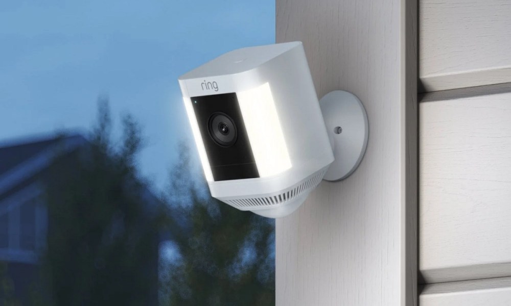 The Ring Spotlight Cam Plus security camera, installed outdoors.