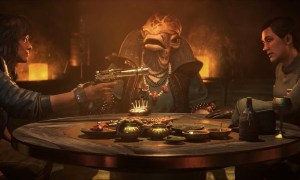 One character points a gun at others while gambling in a bar in the trailer for Star Wars Outlaws.