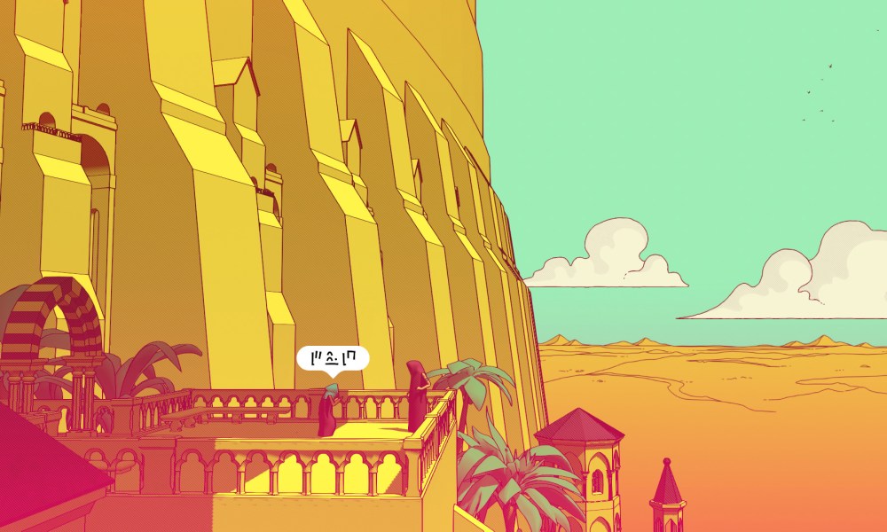 A character overlooks a desert in Chants of Sennaar.