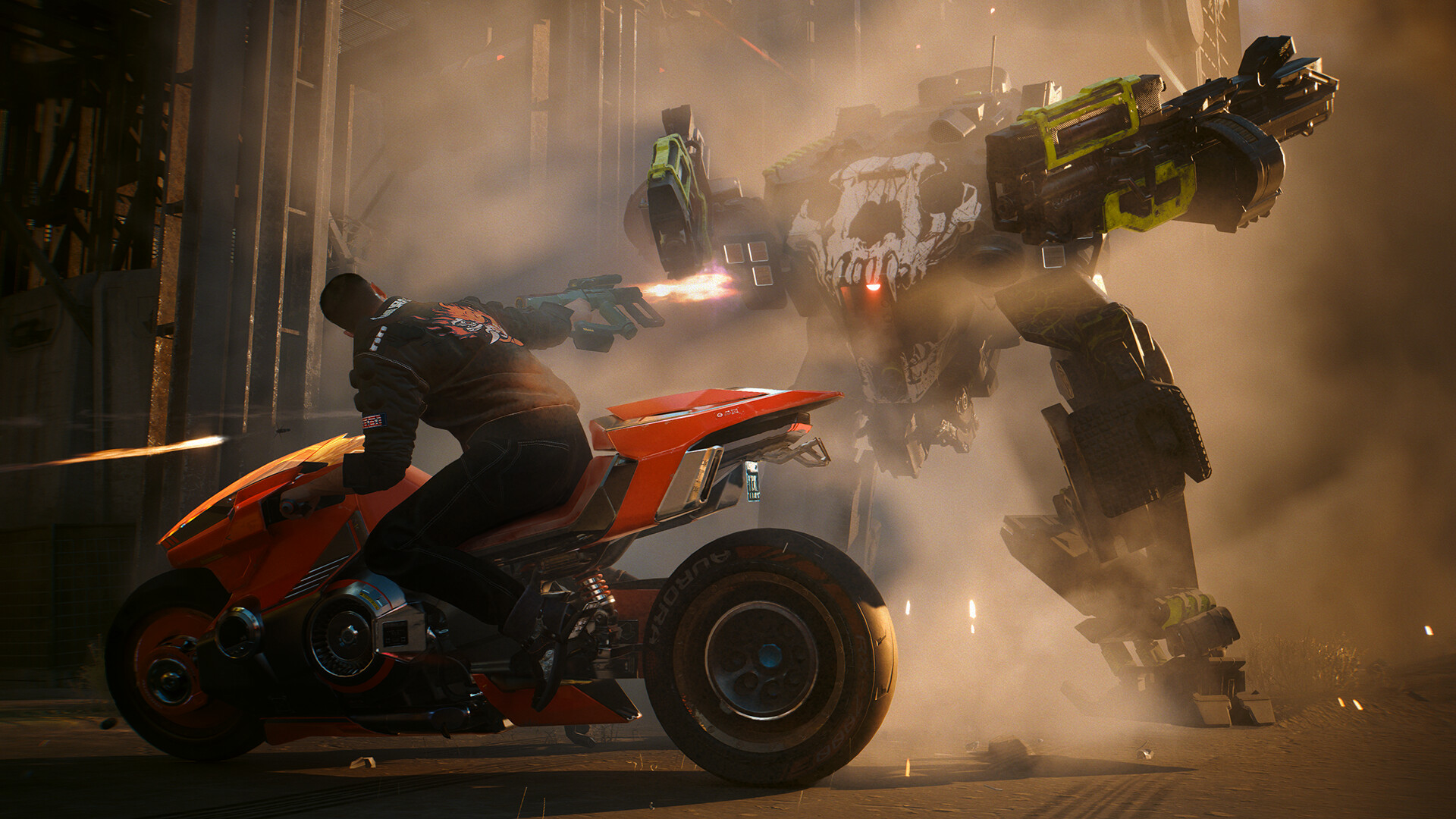 V monta una motocicleta mientras dispara a un robot en Cyberpunk 2077: Phantom Liberty.