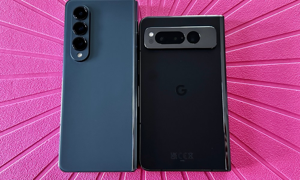 Google Pixel Fold in Obsidian side by side with Samsung Galaxy Z Fold 4.