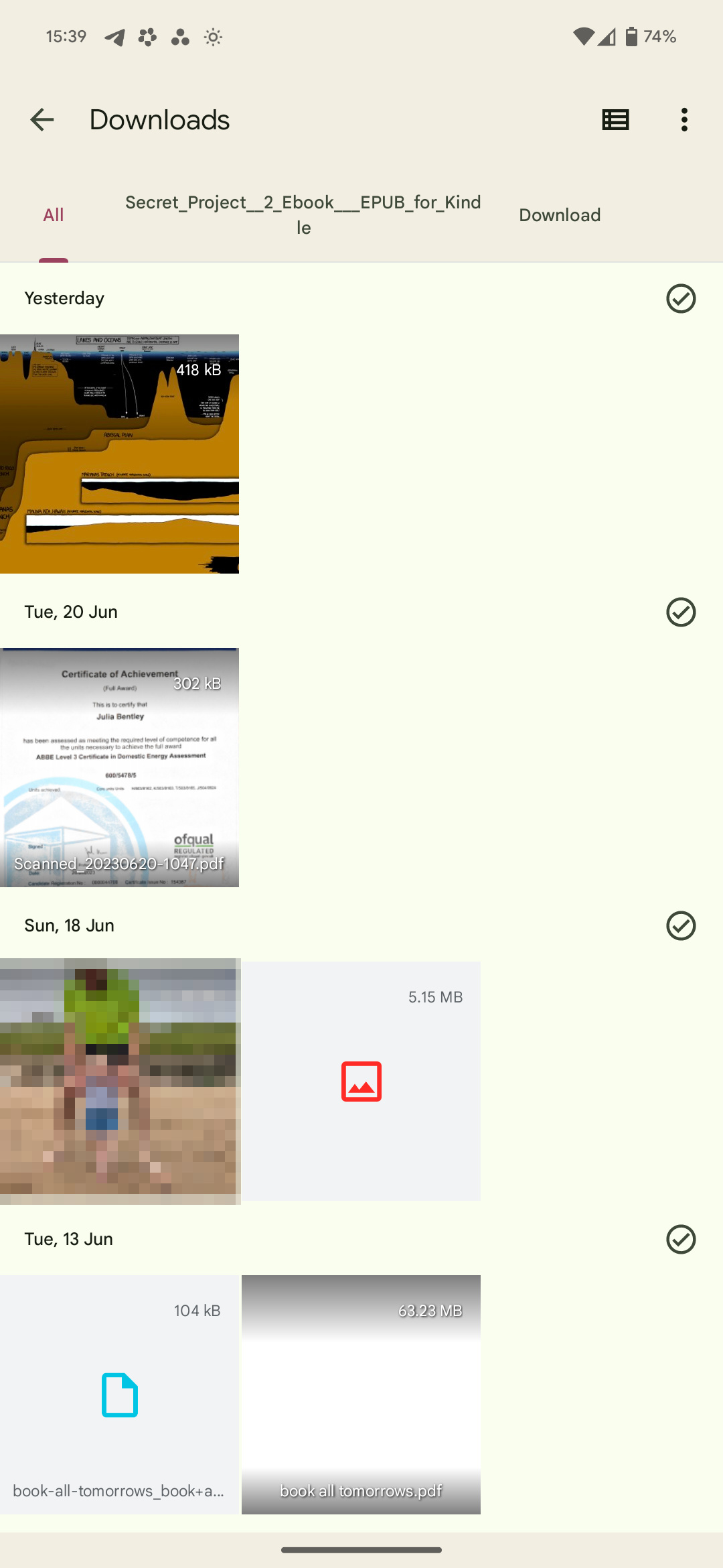 Der Ordner „Downloads“ in „Dateien auf einem Pixel“, angeordnet in der Kachelansicht.