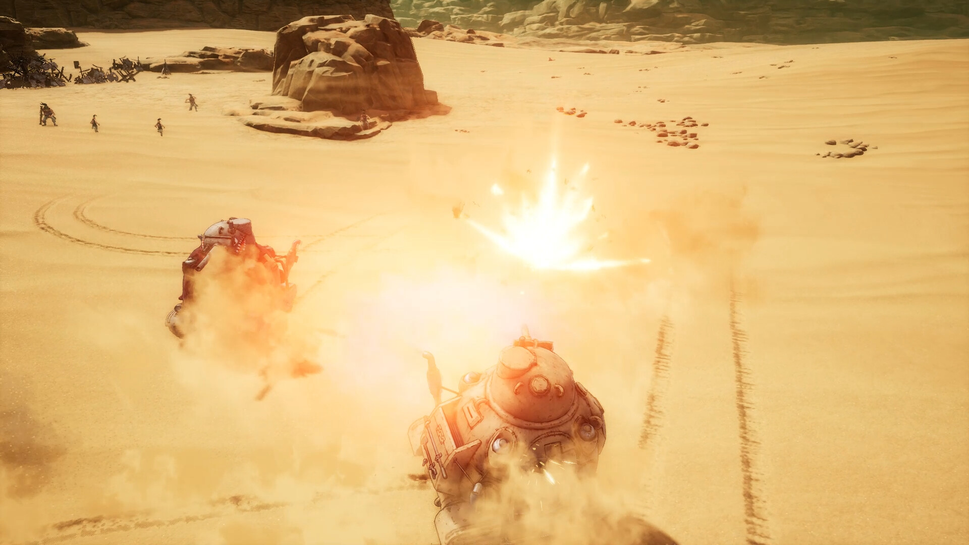 Tanks fire at one another in Sand Land.