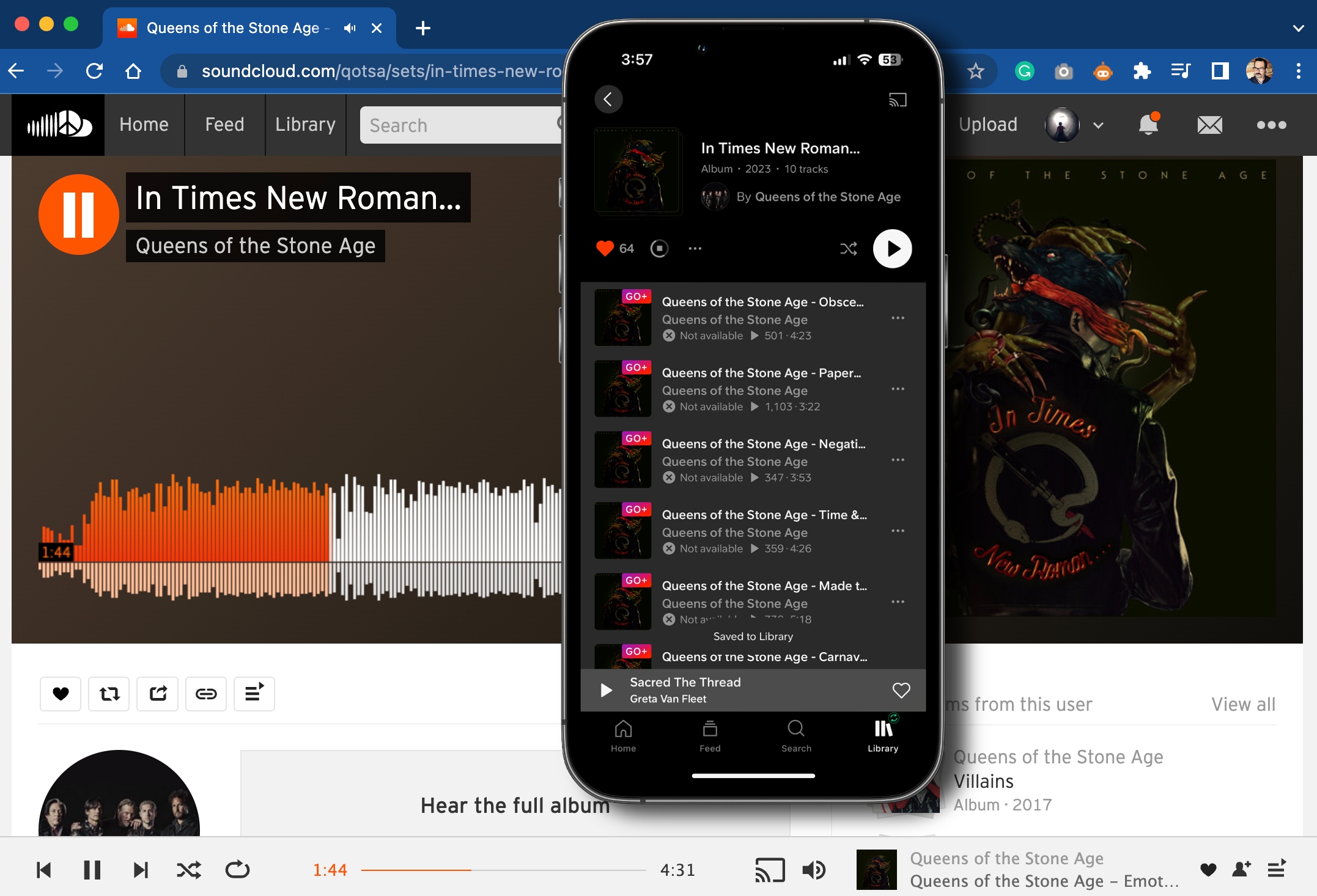 SoundCloud-Browserbild mit iPhone und App auf dem Bildschirm.