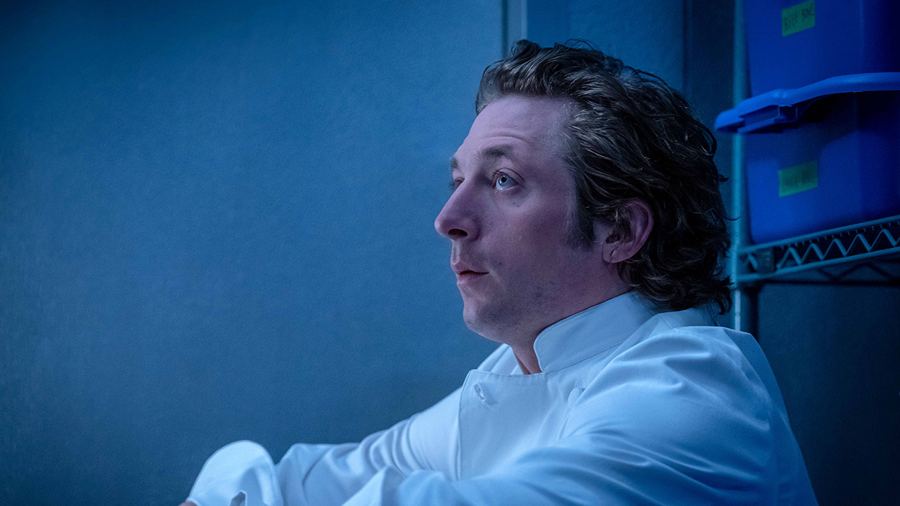 Jeremy Allen White as Carmy stuck in the walk-in fridge in a scene from The Bear season 2.