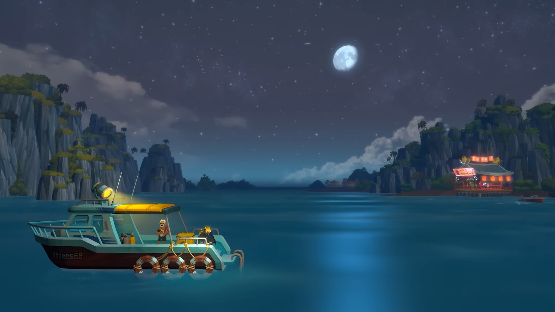 Dave sur son bateau regardant l'eau sous la pleine lune.