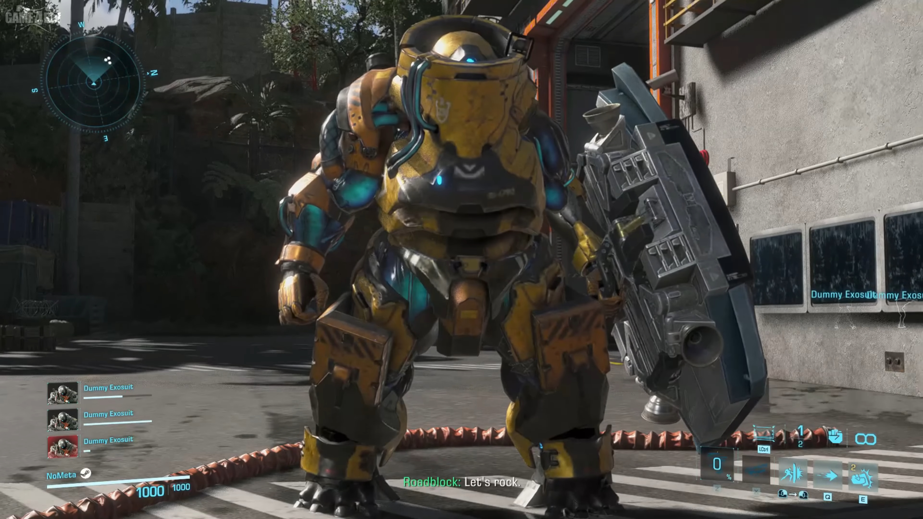 A giant yellow exosuit with a shield.