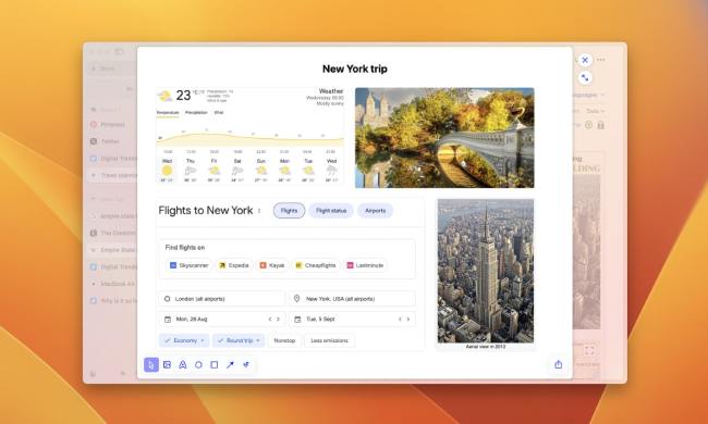 The Arc web browser running on macOS Ventura, showing an Easel with live snippets listing temperatures in New York and flights there from London.