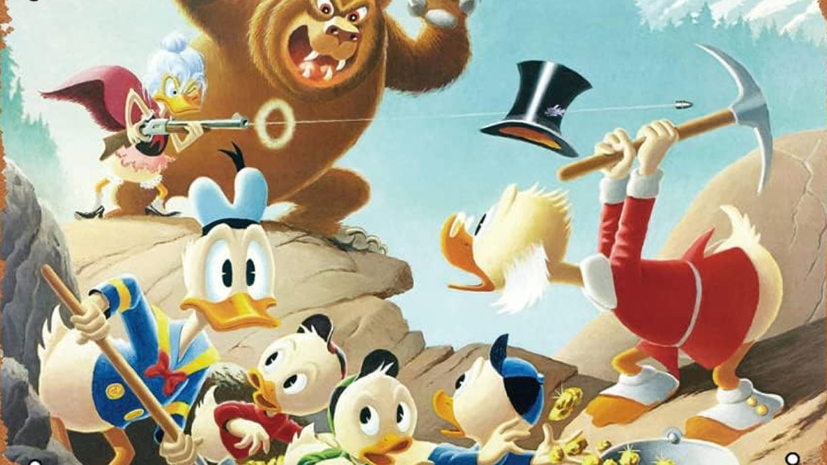 A Carl Barks oil painting of Donald Duck and his nephews, with their Uncle Scrooge.