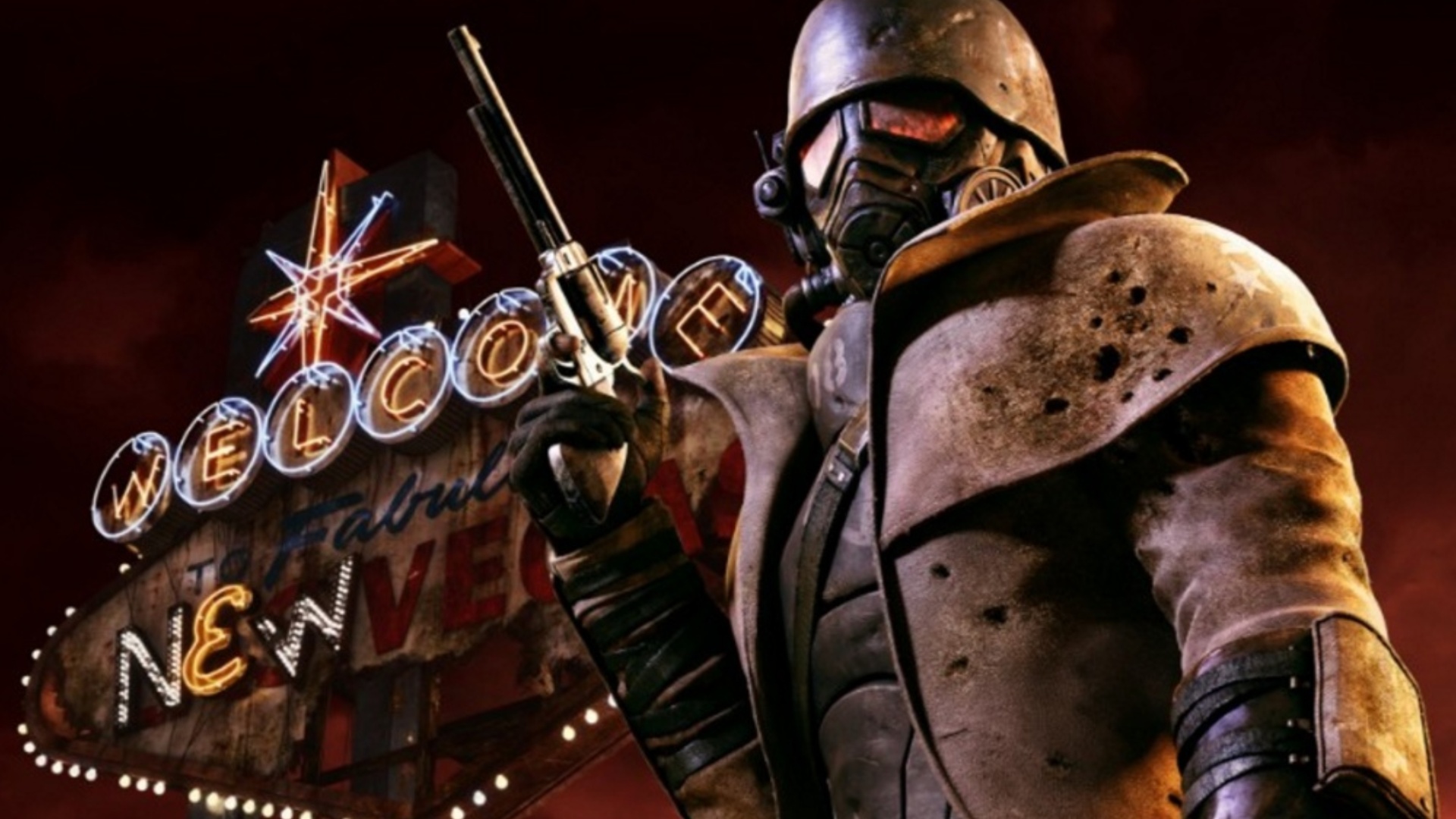El mensajero con su equipo nuclear y sosteniendo su arma en el arte clave de Fallout: New Vegas.