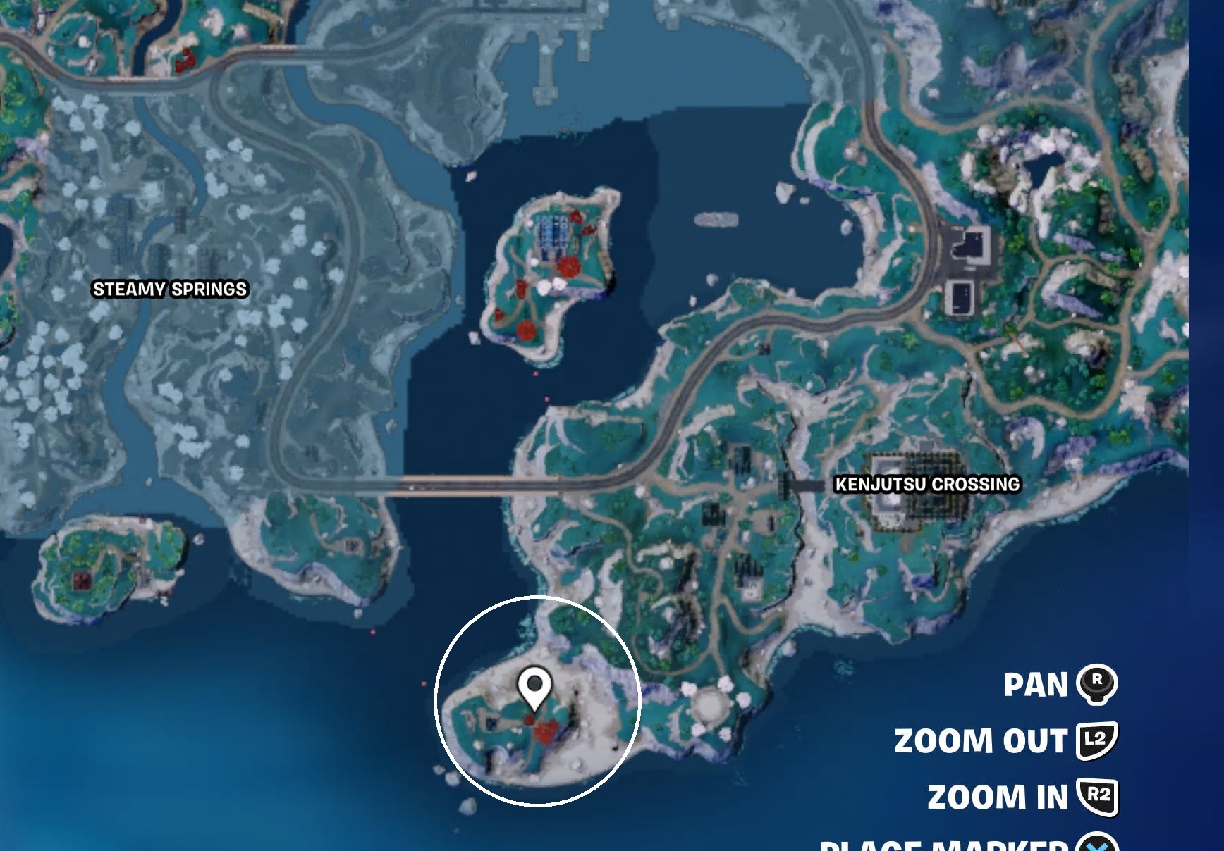 Marker showing location of a beach on the Fortnite map