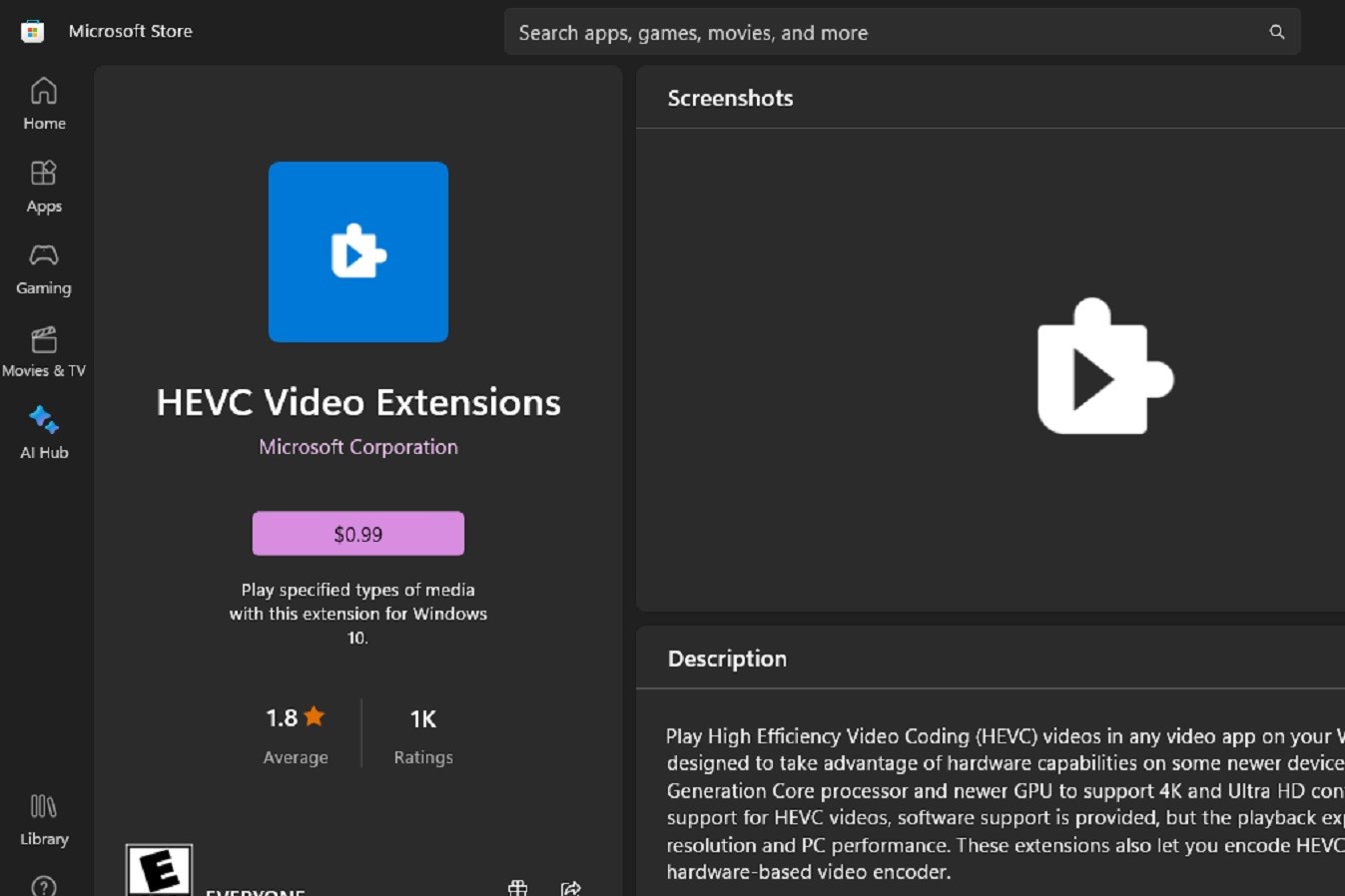 Descripción de la aplicación HEVC Video Extensions en Microsoft Store.