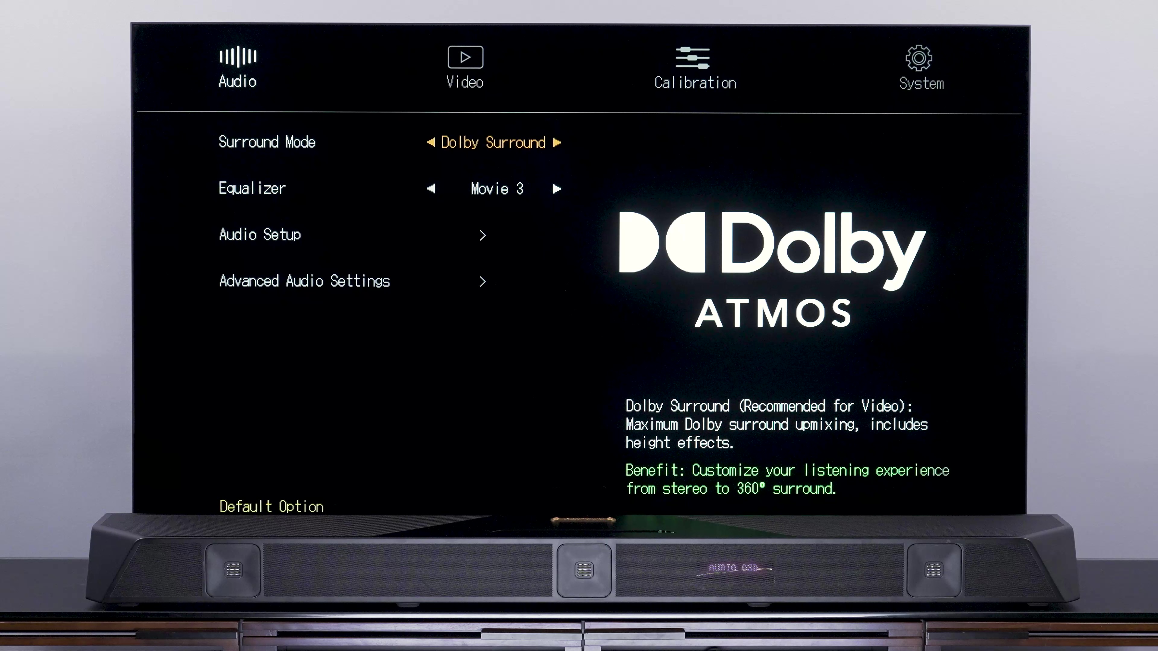 Экран меню Dolby Atmos для системы объемного звучания Nakamichi Dragon.