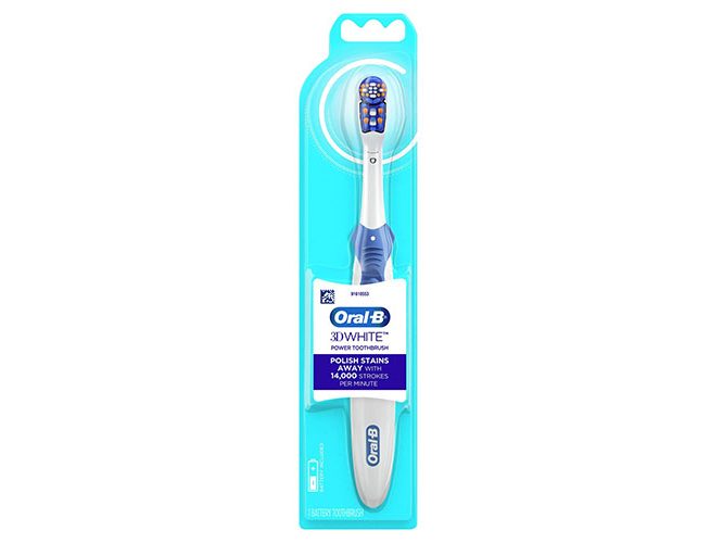 The Oral-B 3D White Battery Toothbrush packaged and on a white background.