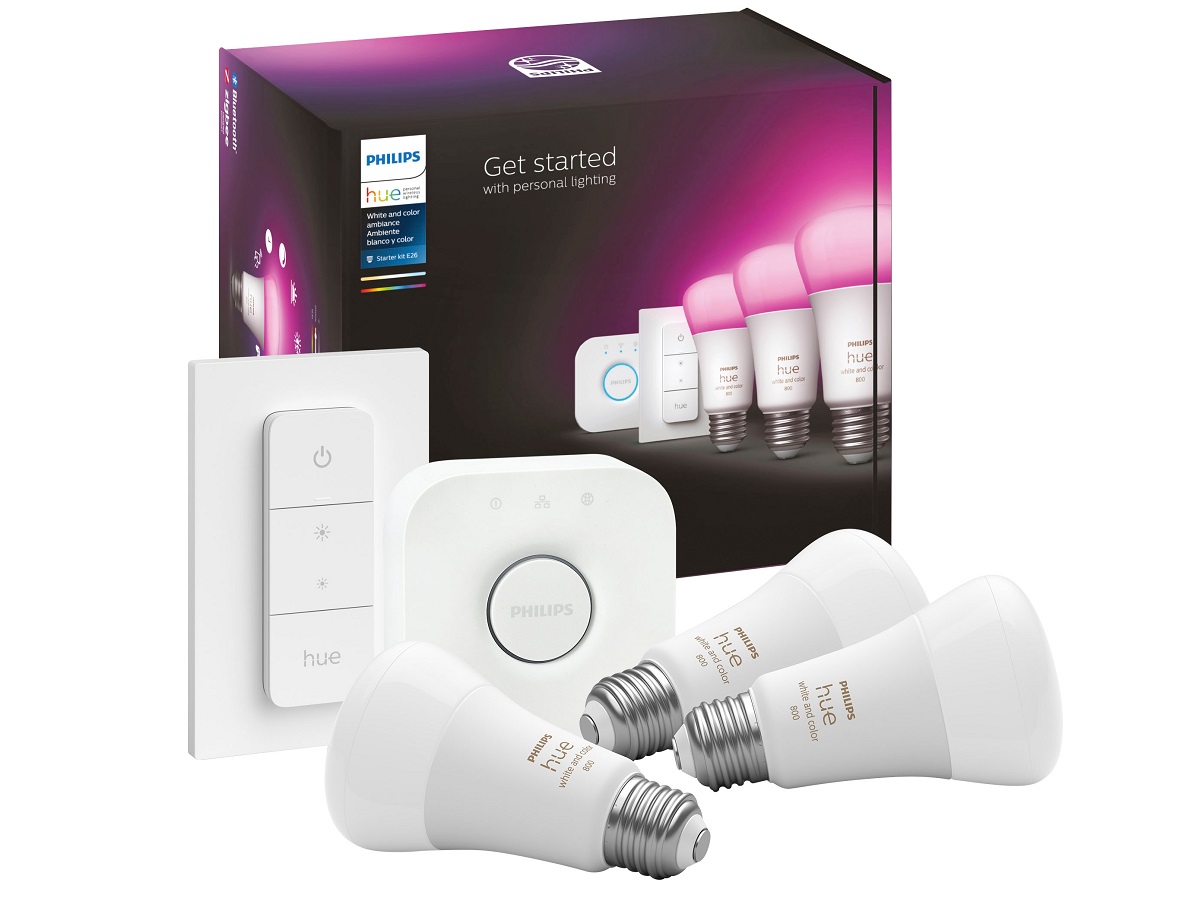 The Philips Hue A19 Smart LED Starter Kit with three smart bulbs.