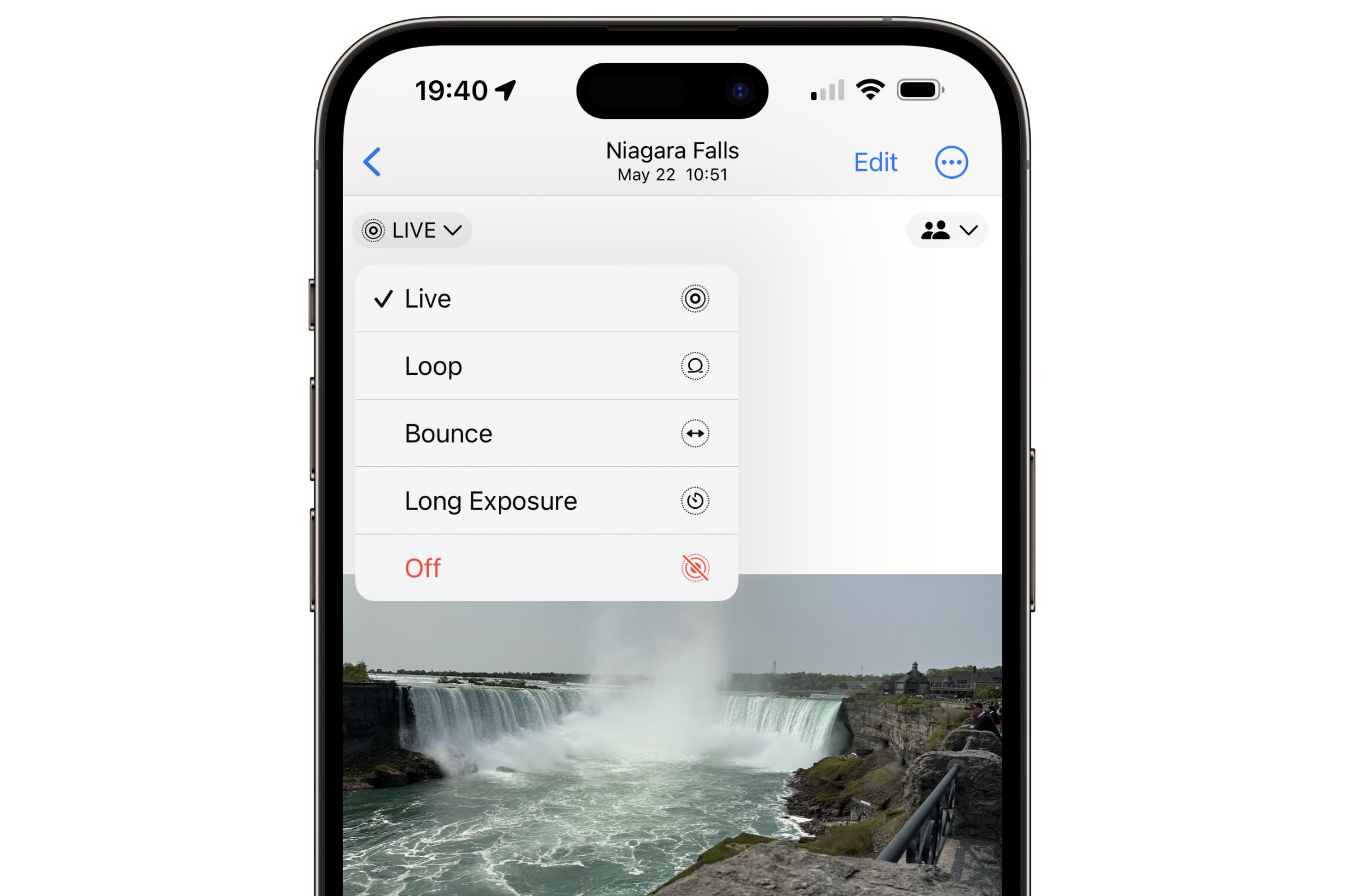 iPhone mostrando la aplicación Fotos con opciones para configurar efectos de Live Photo.