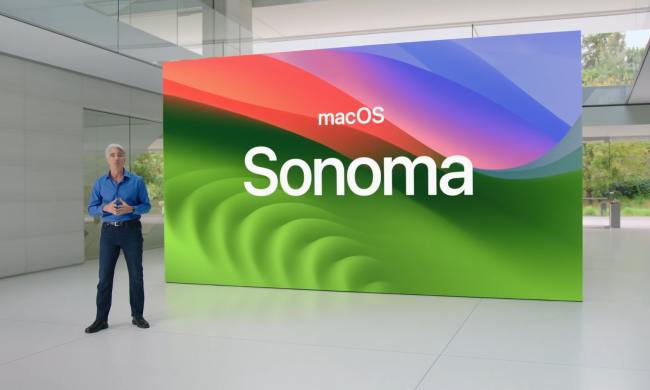 Craig Federighi introducing macOS Sonoma at Apple's Worldwide Developers Conference (WWDC) in June 2023.