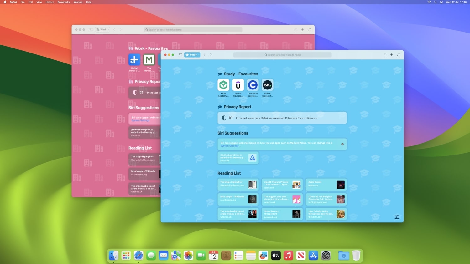 Safari-Profile in macOS Sonoma, die ein Arbeitsprofil und ein Lernprofil nebeneinander zeigen.