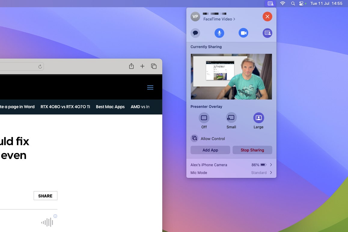 El modo de presentador en macOS Sonoma deja atrás el contenido en una videollamada de FaceTime.