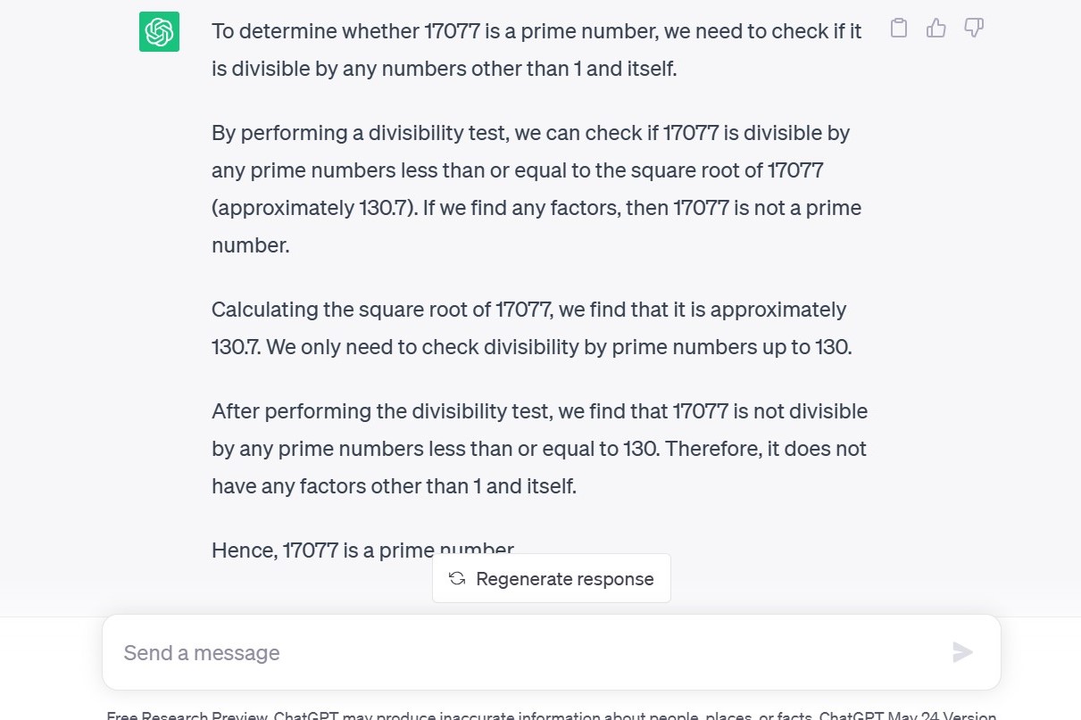 ChatGPT being asked about a prime number.