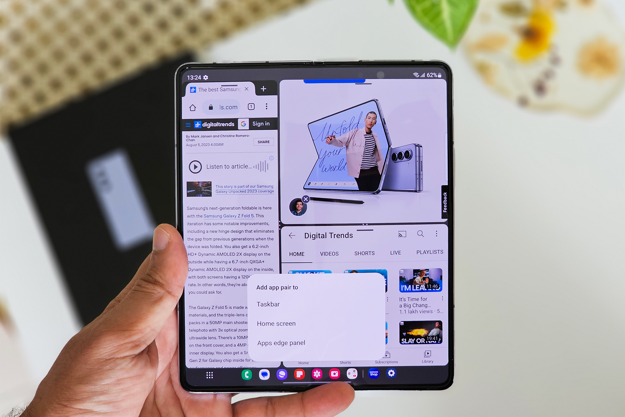 Multitarefa Samsung Galaxy Z Fold 5 com visualização múltipla em tela dividida.