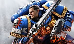 Key art for Warhammer 40,000: Space Marine 2 featuring Titus holding a sword and ready for battle in blue armor.