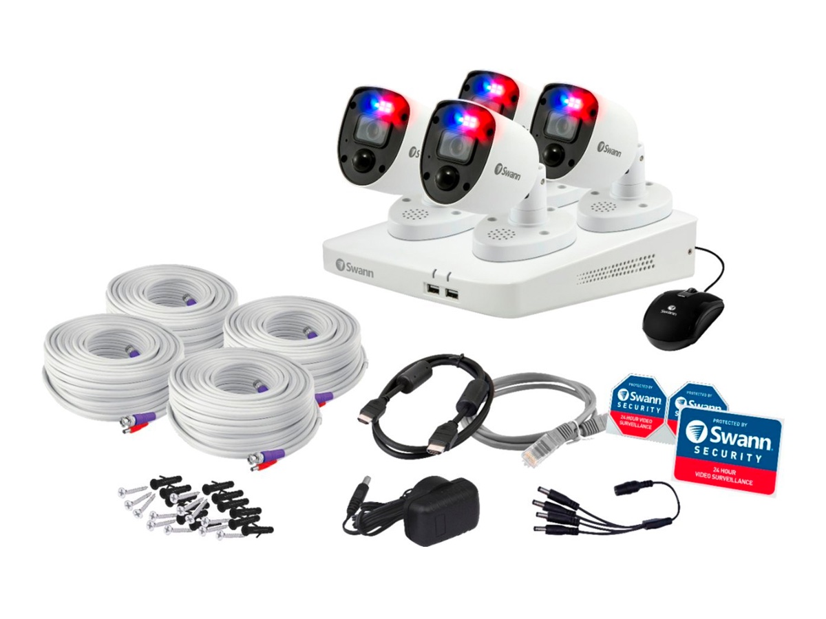 The Swann Enforcer 8-channel Surveillance System and all components against a white background.