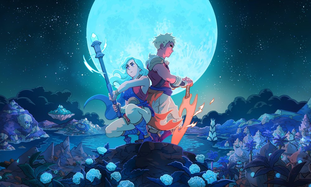 Sea of Stars heroes Zale and Valere crouching in front of moon