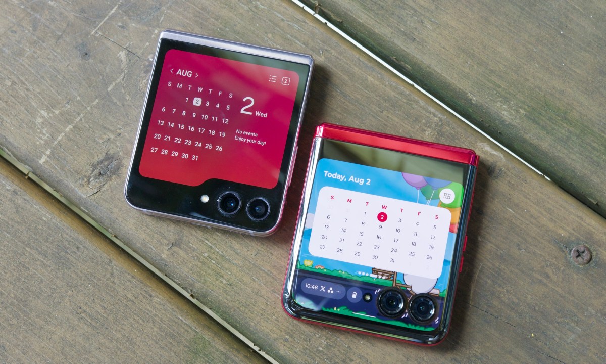 The Samsung Galaxy Z Flip 5 next to the Motorola Razr Plus, both showing their cover screens.