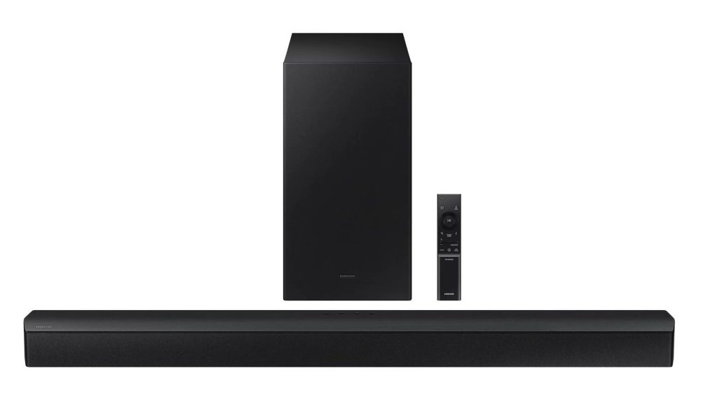 The Samsung B-Series HW-B43M/ZA soundbar, subwoofer, and remote.