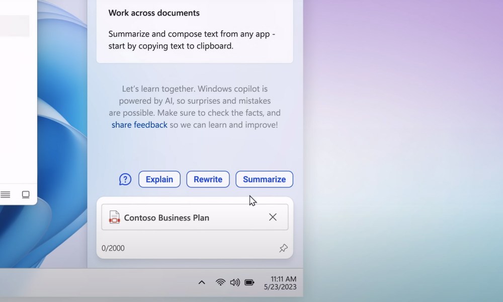 Using Windows 11 copilot to summarize a document.