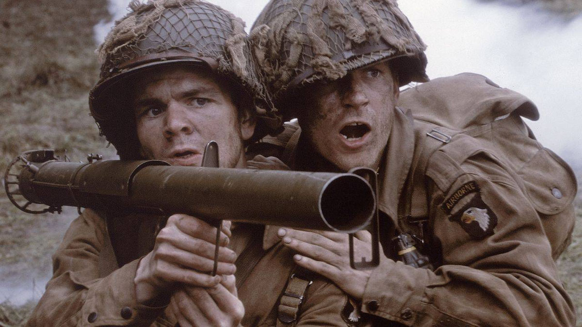 Two soldiers in the midst of war in Band of Brothers.