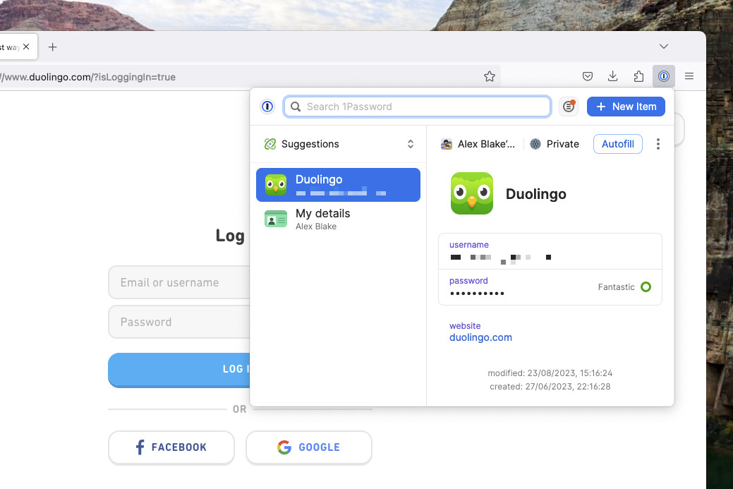 Die 1Password-Browsererweiterung in Firefox mit einer Autofill-Option für Duolingo.