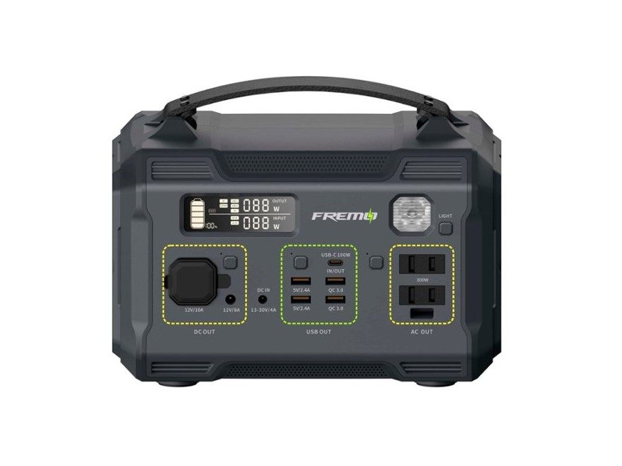 The Fremo 276W Battery Powered Portable Generator's front, with its outlets clearly labelled.