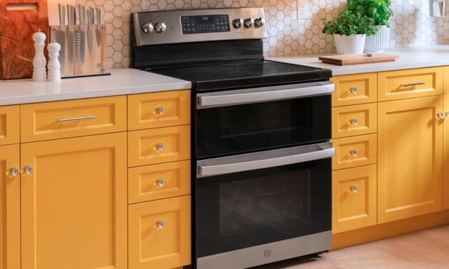 The GE 6.6 cu. ft. double electric oven installed in a kitchen.