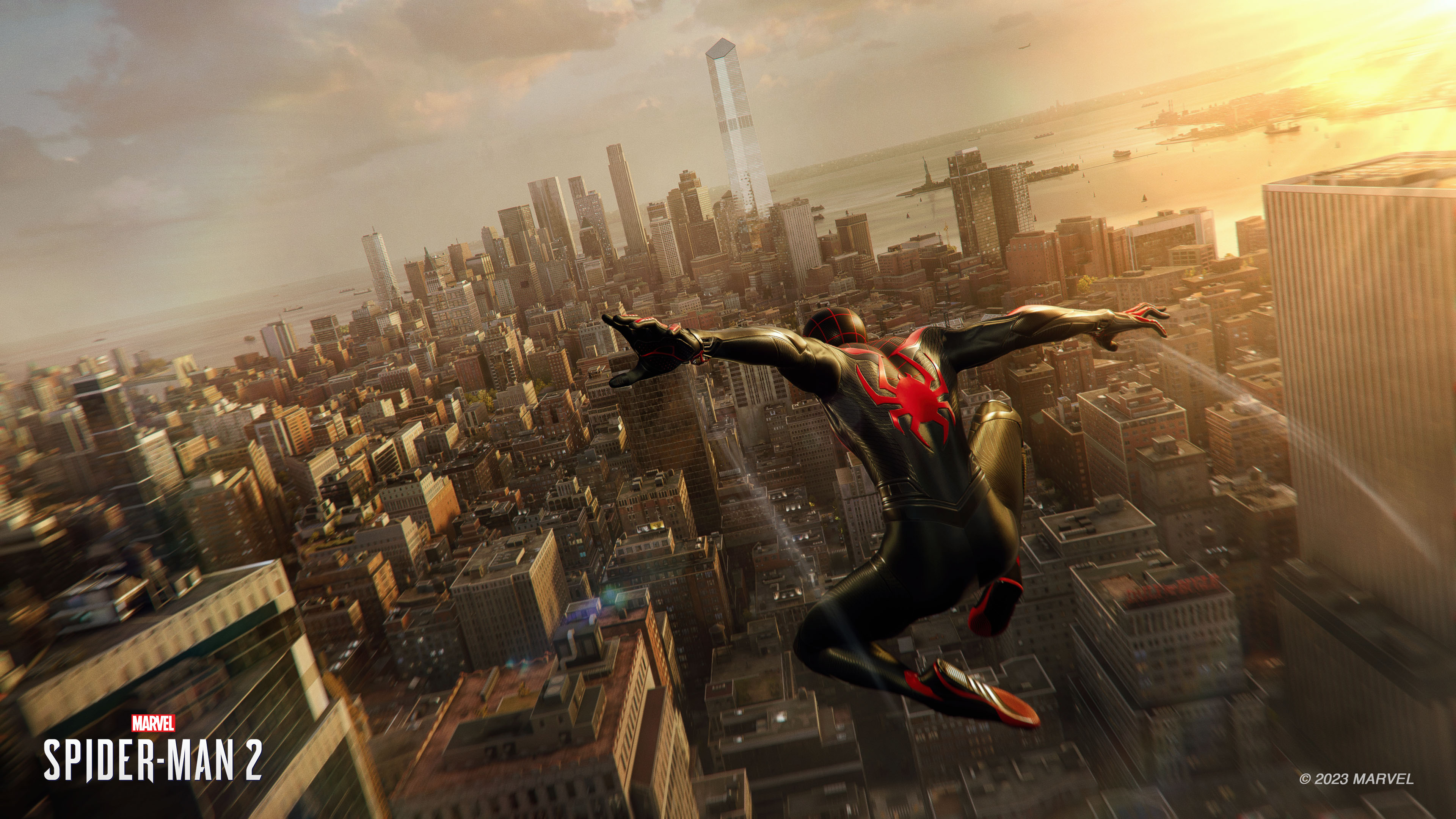 9/15 Restricted to 8 AM PT Miles leaps into the air in Marvel's Spider-Man 2.