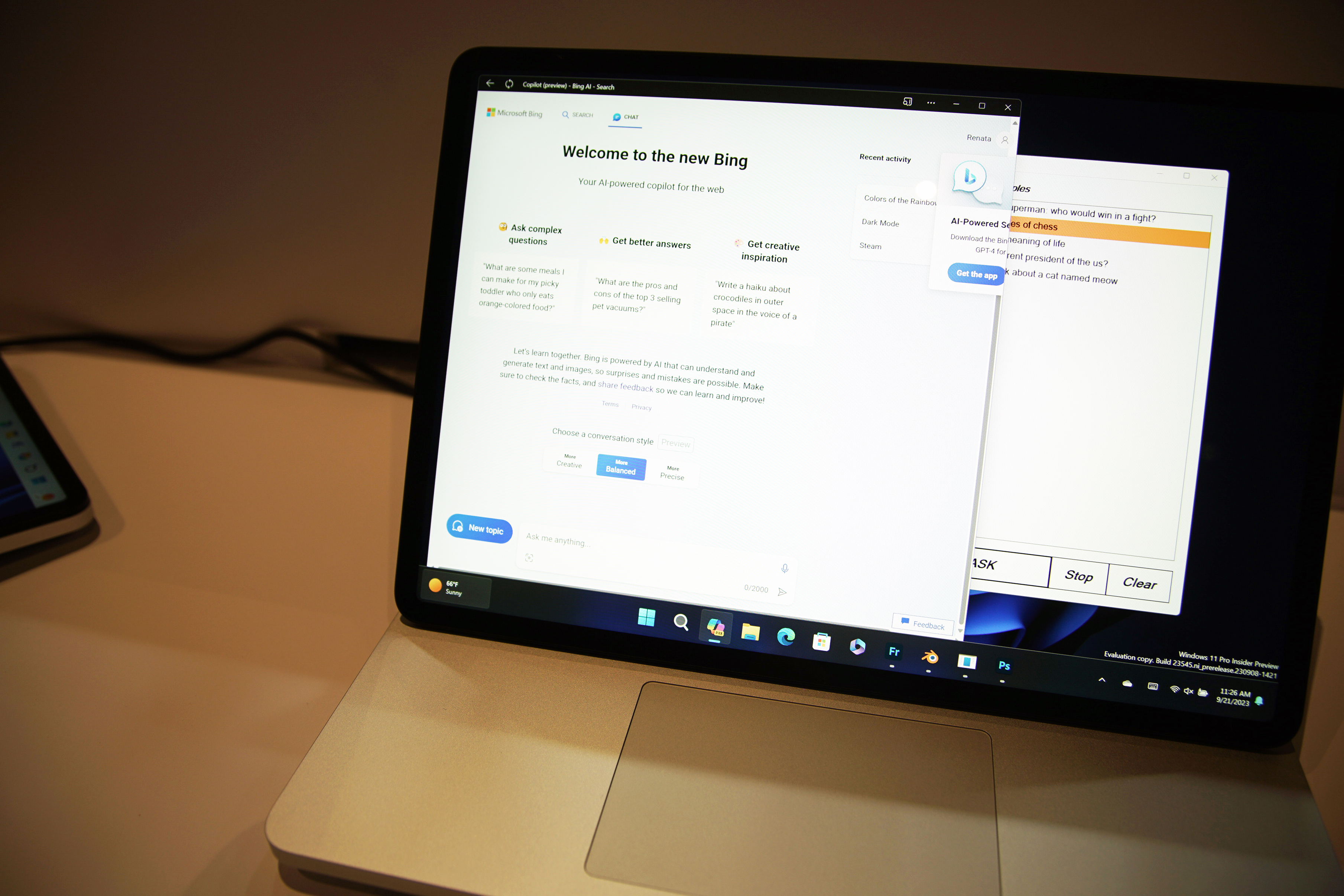Новый чат Bing, работающий на Microsoft Laptop Studio 2.