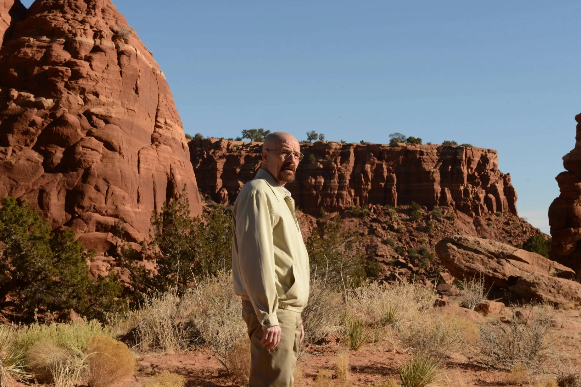 Walter White steht in Staffel 5 von Breaking Bad allein in der Wüste.