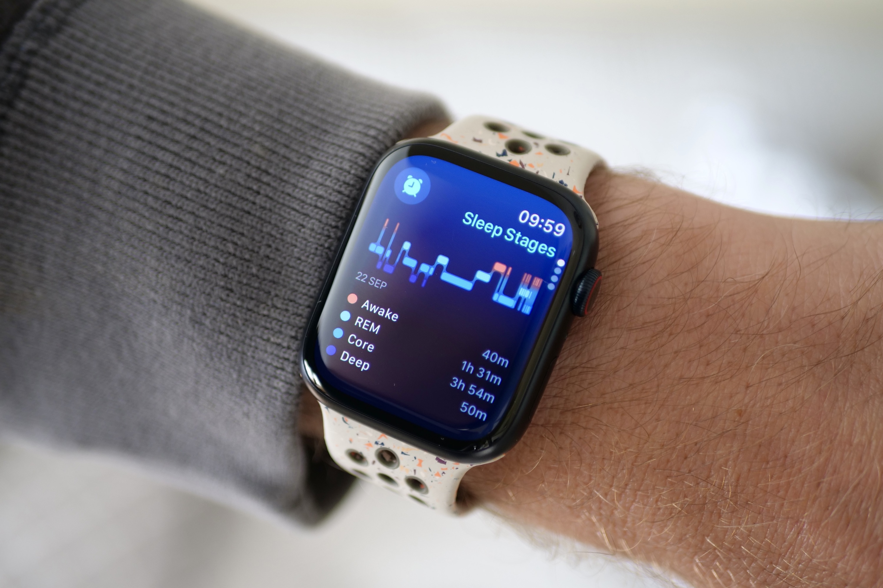 El Apple Watch Series 9 muestra los datos de seguimiento del sueño.