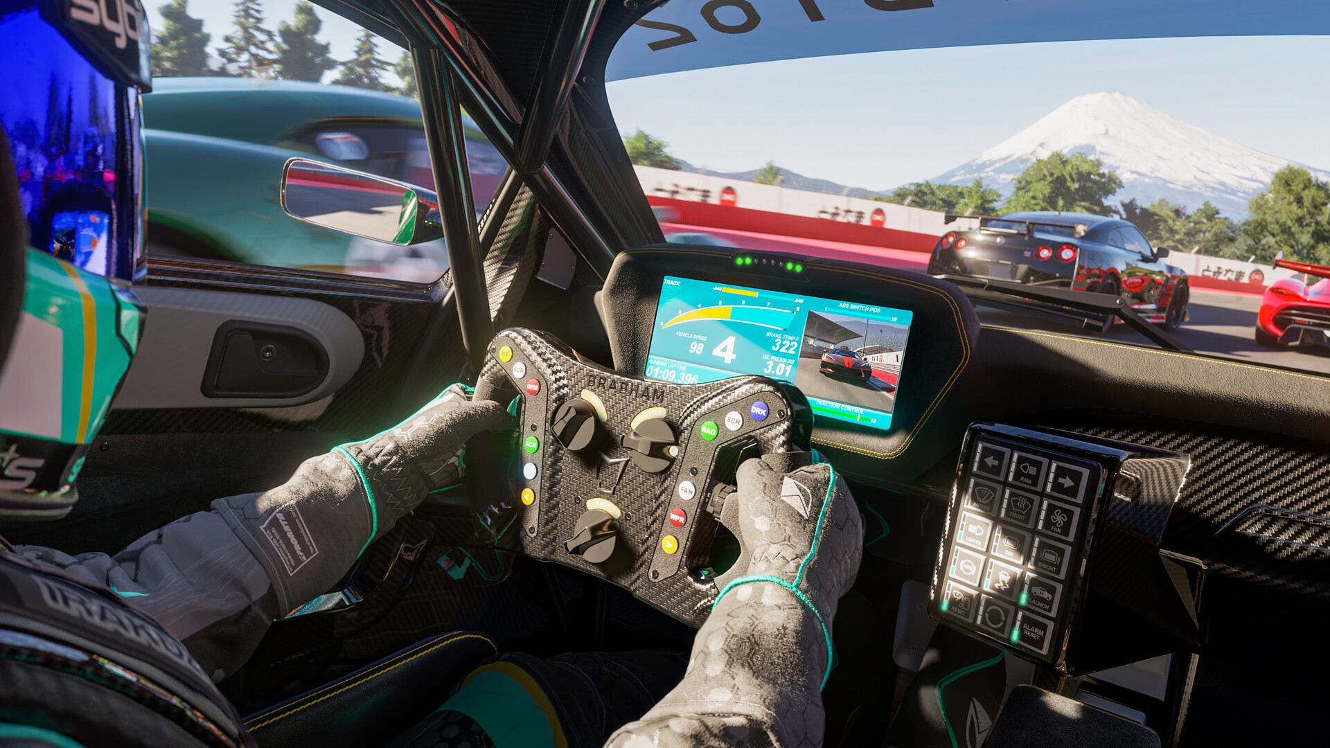 A driver races a car in Forza Motorsport.