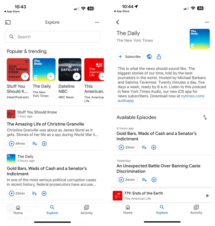 Two screenshots showing the Google Podcasts app on iOS.