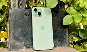 Green iPhone 15 leaning against an arch in a rose garden.