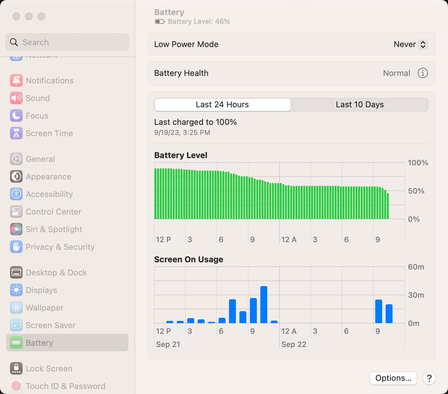 MacOS screenshot showing power settings.