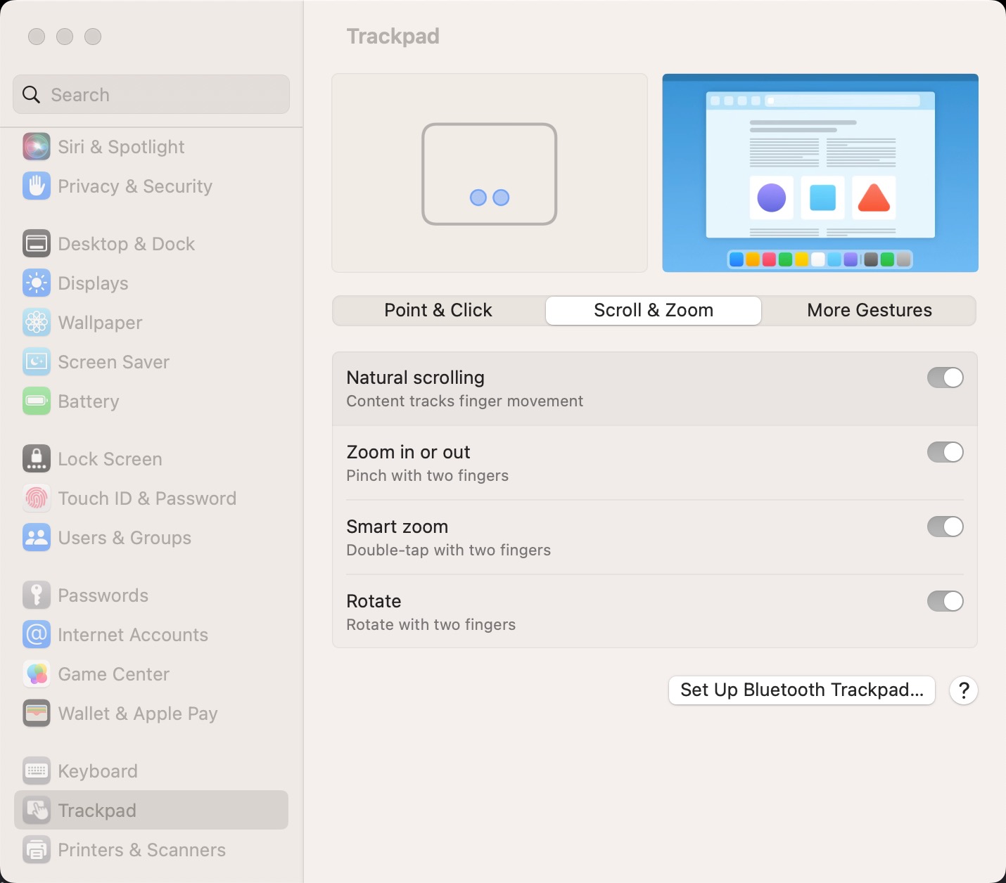 MacOS screenshot showing trackpad settings.